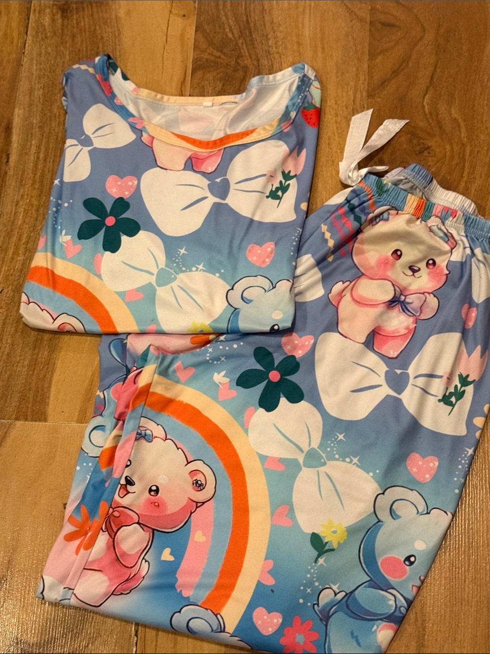 💚3For $15💚Ladies Blue Rainbow Bear Pajama Set - Cute Bow & Heart Print